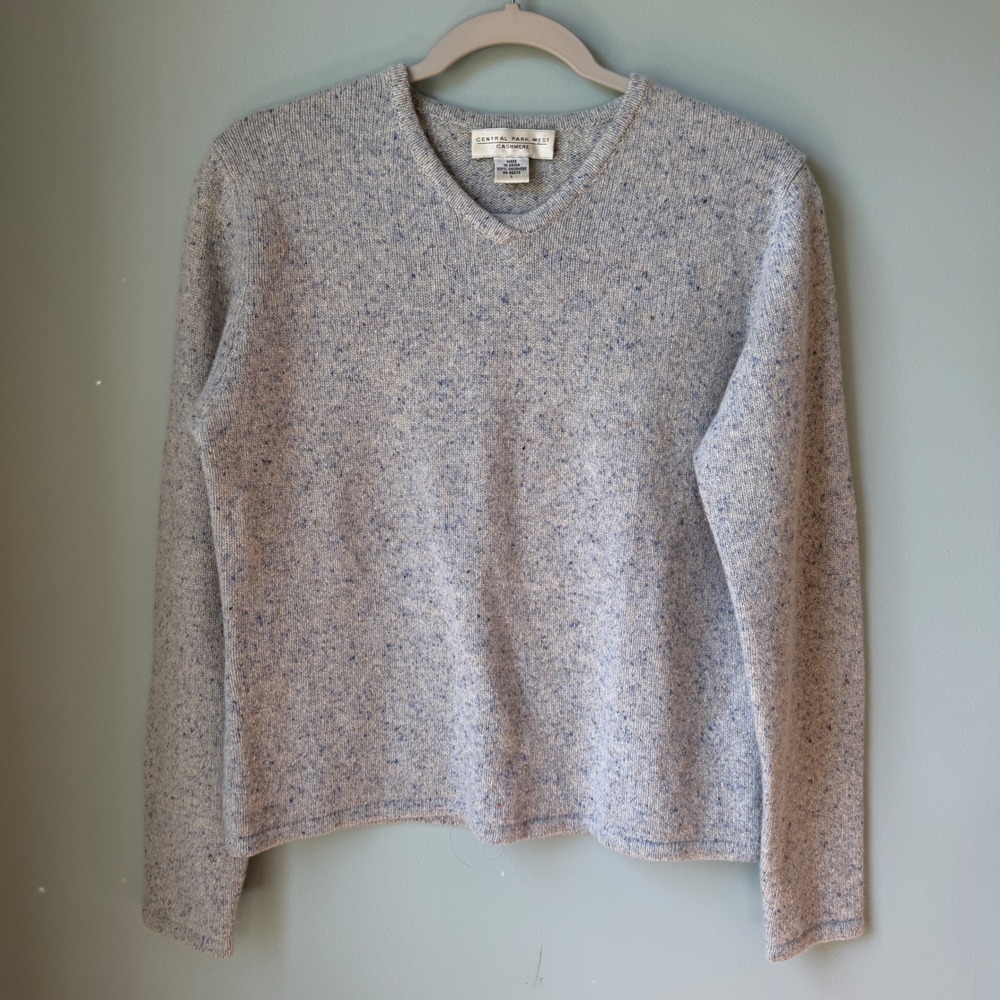 Central Park West 100% Cashmere Sweater Blue Speckled Marled V-Neck Size Large